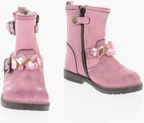 Monnalisa leather biker boots with bezels and real fur inner pink