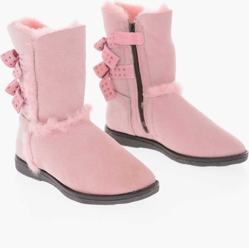Monnalisa suede leather boots with bow and studs pink