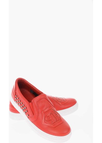 Philipp Plein leather slip on sneakers with side studs red