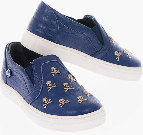 Philipp Plein textured leather pablo slip on sneakers with studs blue