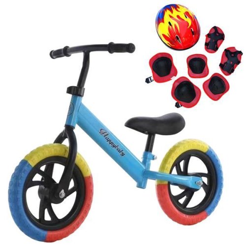 Oem Bicicleta de echilibru pentru incepatori, fara pedale, pentru copii intre 2 si 5 ani, albastra, echipament protectie