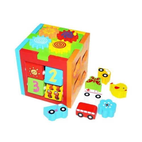 Cub educativ multifunctional tip montessori cu 7 forme din lemn, multicolor, ama