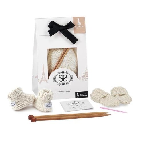 Kit de tricotat/impletit set manusi si sosetele pentru nou nascuti, lana alb natural 