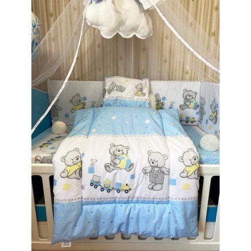 Lenjerie bumbac patut copii bebe royal 120*60 - 5 piese - urs bomboane albastru