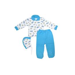 Pijama bebelusi iarna, 3 piese, 6-9 luni, bumbac 100%, vanisat (finet), iepurasi, alb si albastru