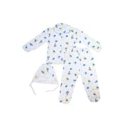 Pijama bebelusi iarna, 3 piese, 6 - 9 luni, bumbac 100%, vanisat (finet), strumfi, alb si albastru