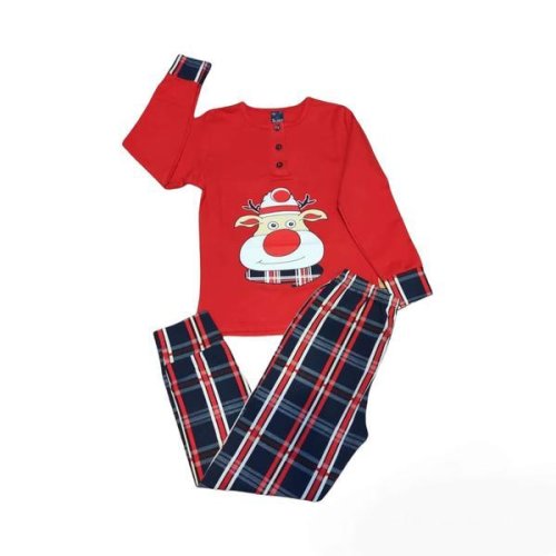 Pijama copii trendy din bumbac cu imprimeu ren si carouri