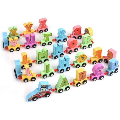 Muqiy Toys Trenulet din lemn cu literele alfabetului-cartoon alphabet car