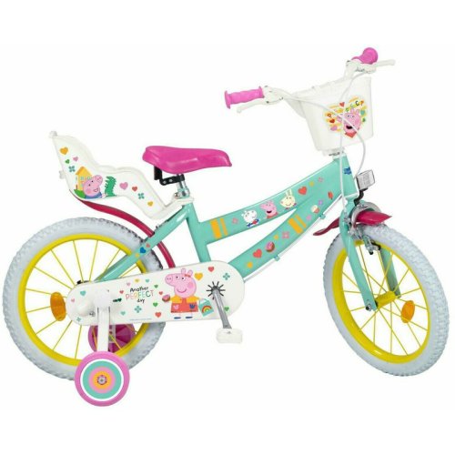 Bicicleta pentru copii, 16 inch, cu roti ajutatoare si cosulet frontal, cu scaunel pentru papusi, toimsa, peppa pig, verde