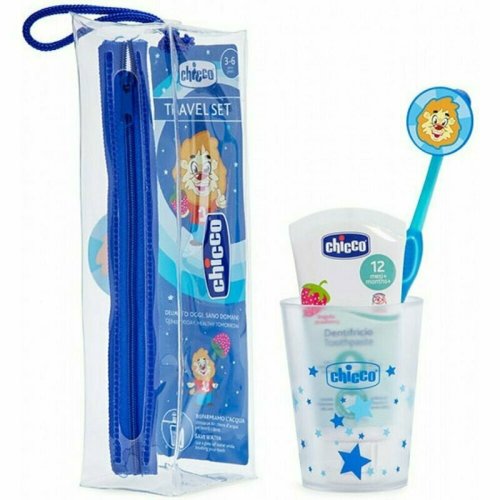 Chicco - set igiena orala pentru copii, pentru calatorii, include pasta de dinti, periuta, pahar si husa, 3 ani+, albastru