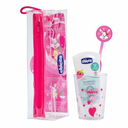 Chicco - set igiena orala pentru copii, pentru calatorii, include pasta de dinti, periuta, pahar si husa, 3 ani+, roz