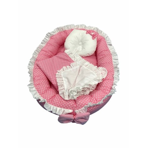 Deseda - cuib baby nest bebelusi cu volanase paturica si pernuta roz cu buline albe lux