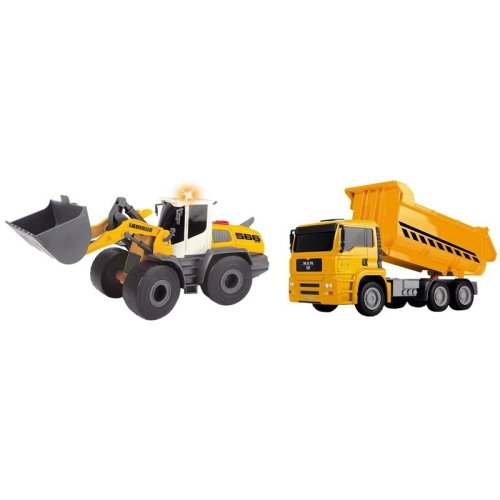 Dickie toys - set vehicule camion basculant construction twin pack man, cu buldozer liebherr l566 xpower