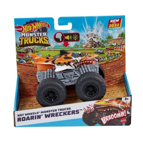 Mattel Hot wheels monster truck roarin wreckers tiger shark cu functii si sunete scara 1:43