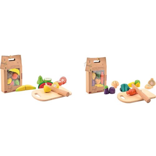 Joueco_sp Joueco - pachet 2 seturi de fructe si legume feliate, din lemn, 12 luni+, 14 piese/set, multicolor
