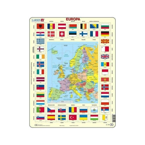 Larsen - puzzle educativ harta europei si steagurile tarilor din europa , puzzle copii , maxi, orientare tip portret, in romana, piese 70