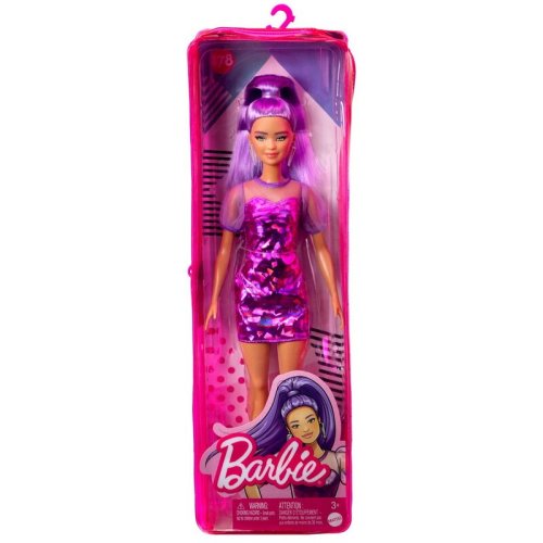 Mattel - papusa barbie fashionista cu par mov cu rochie cu umeri bufanti