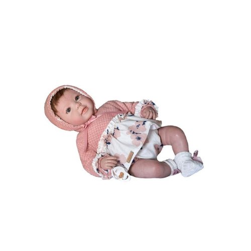 Papusa reborn bebelus realist cu par, ella, cu paturica roz blanita, 46 cm, guca