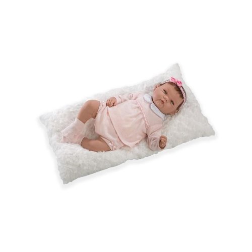 Papusa reborn bebelus realist cu par, rocio, rochita roz, cu paturica, 46 cm, guca