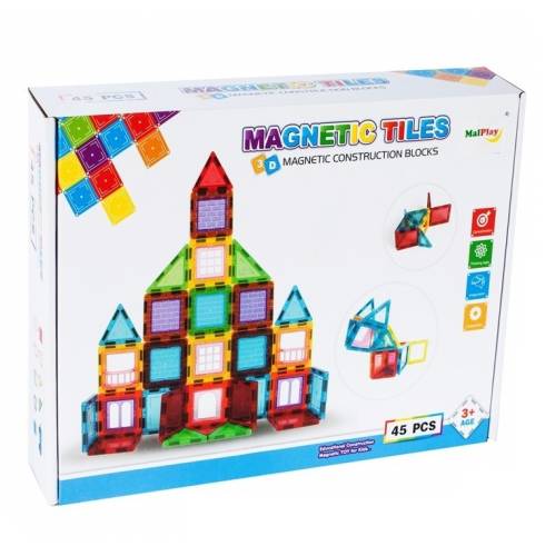 Set de constructie malplay magnetic tiles 45 piese 3d multicolor