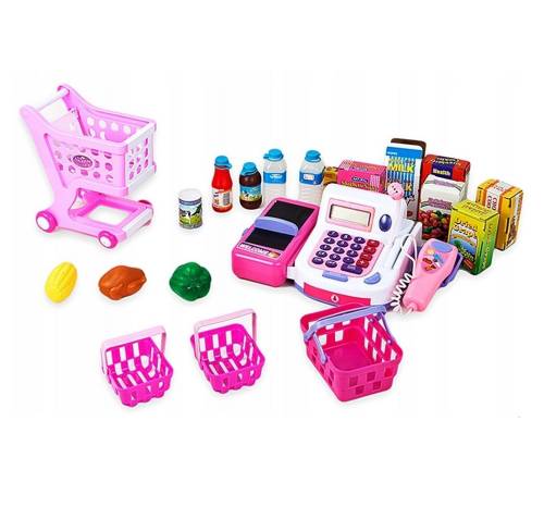Set de joaca malplay casa de marcat si carucior de cumparaturi cu accesorii roz