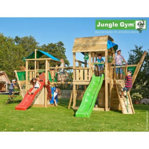 Junglegym Complex de joaca din lemn cu doua turnuri si pod jungle gym