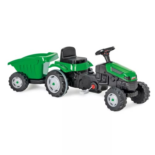 Jucarie pentru copii, tractor cu pedale + remorca, plastic, negru cu verde- inv7059594