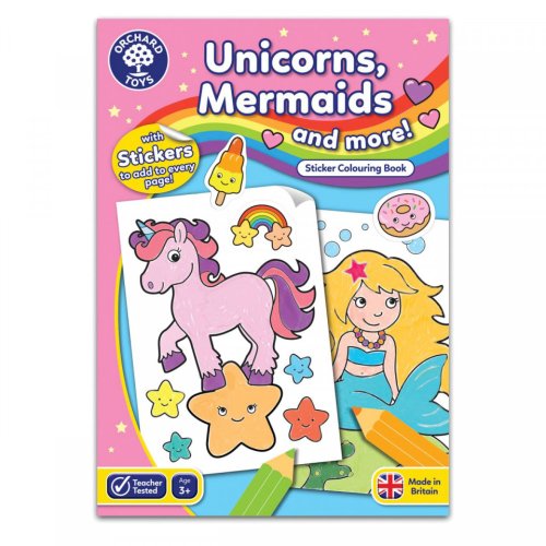 Orchard Toys Carte de colorat cu activitati in limba engleza si abtibilduri unicorni, sirene si altele unicorns, mermaids and more