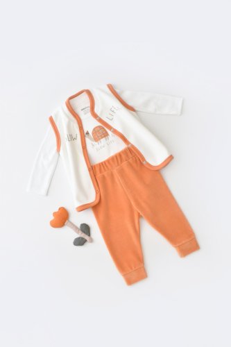 Babycosy Set 3 piese broscuta cu body, pantalonasi si vestuta din 80%bumbac organic si 20% poliester - portocaliu, baby cosy