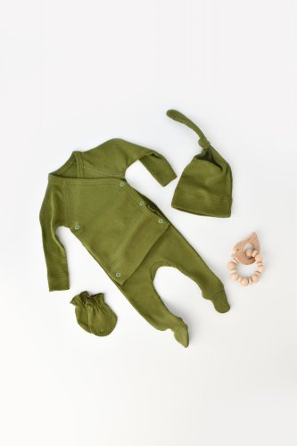Babycosy Set 4 piese: bluza, pantaloni, caciulita si manusi din bumbac organic si modal - verde, baby cosy