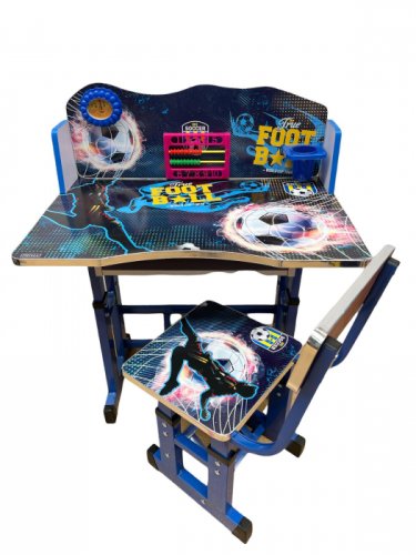 Birou cu scaun pentru copii, reglabile, cadru metalic si lemn, albastru, football, b4 - krista 