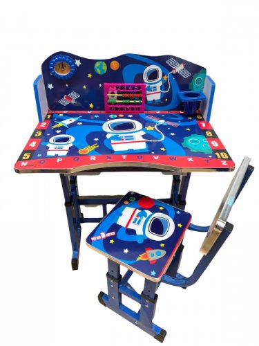 Birou cu scaun pentru copii, reglabile, cadru metalic si lemn, albastru, space, b3 - krista 