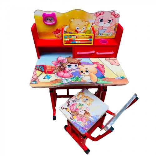 Birou cu scaun pentru copii, reglabile, cadru metalic si lemn, rosu, friends b13 - krista 