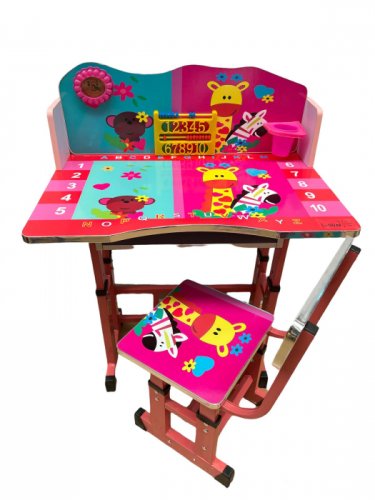 Birou cu scaun pentru copii, reglabile, cadru metalic si lemn, roz, little animals, b7 - krista 