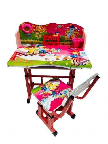 Birou cu scaun pentru copii, reglabile, cadru metalic si lemn, roz, sing b5 - krista 