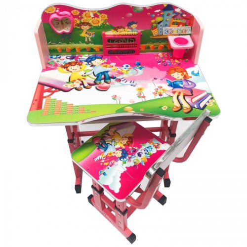 Birou cu scaun pentru copii, reglabile, cadru metalic si lemn, roz, story b4 - krista 
