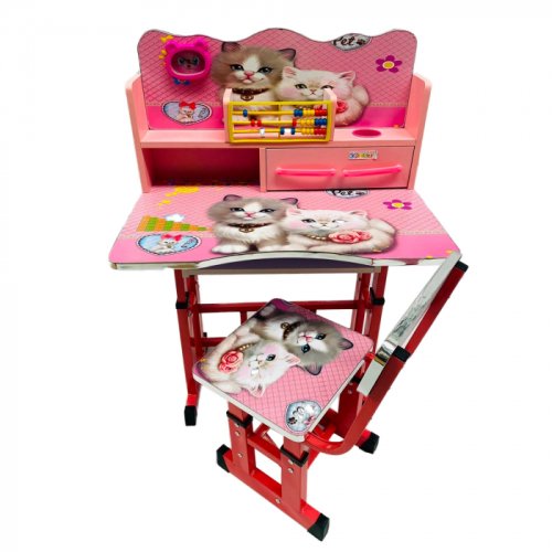 Birou mare cu scaun pentru copii, reglabile, cadru metalic si lemn, roz, pisicutele b12 - krista 