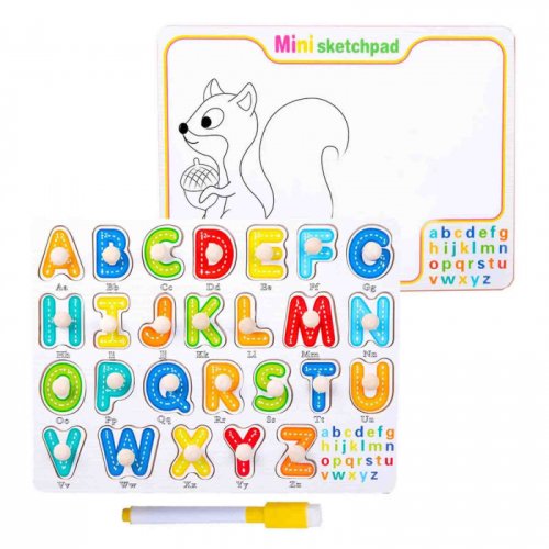 Puzzle incastru cu tablita de desen si marker, literele alfabetului, din lemn