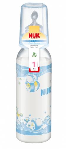 Nuk Biberon pp baby blue 240ml + tetina silicon lapte, mar.1 (0-6 luni)