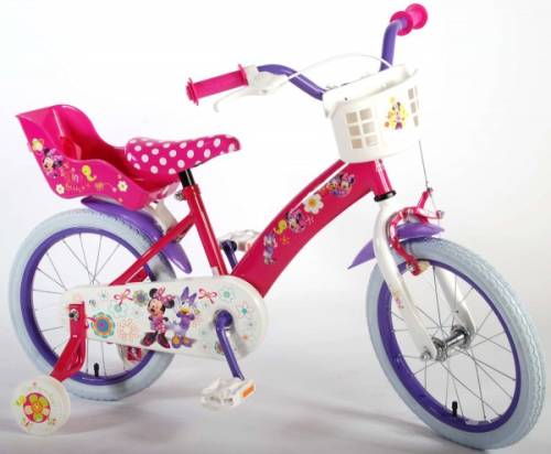 Bicicleta pentru fete 16 inch cu scaun pentru papusi roti ajutatoare si cosulet minnie mouse