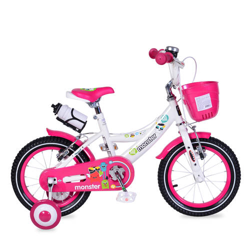 Moni Bicicleta pentru fetite cu roti ajutatoare si cosulet 14 inch little monster pink