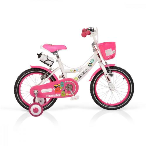 Moni Bicicleta pentru fetite cu roti ajutatoare si cosulet 16 inch little monster pink