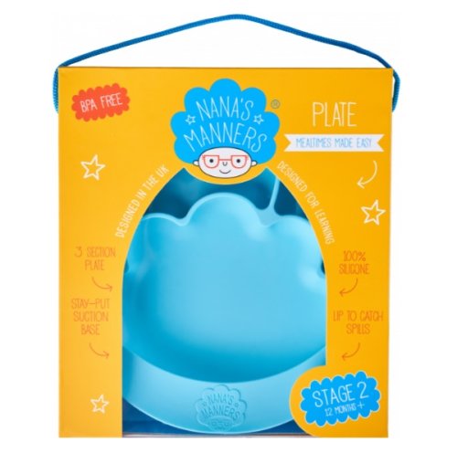 Nana's Manners Farfurie din silicon cu ventuza pentru toddleri etapa 2 albastra