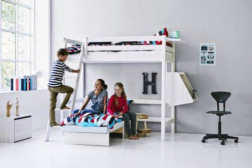 Pat copii inalt alb cu birou, canapea extensibila si scara inclinata flexa classic