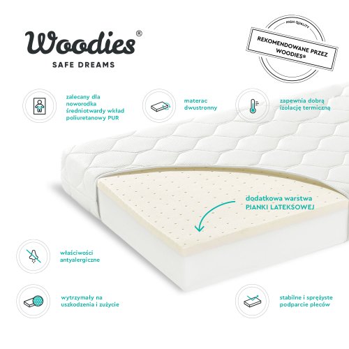Woodies Safe Dreams Saltea pentru copii premium cu fata dubla din spuma pur si latex 90x40x6.5 cm