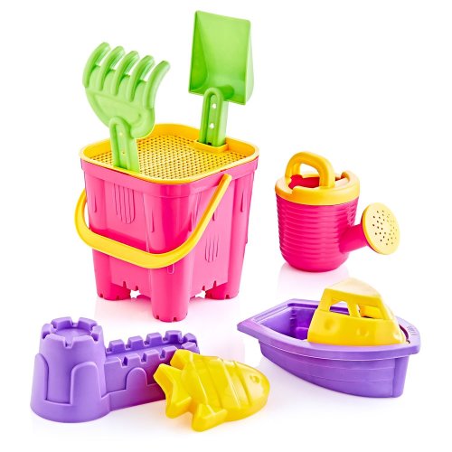 Guclu Toys Set cu 9 ustensile de joaca pentru nisip beach castle cu galetusa si accesorii colorate pink