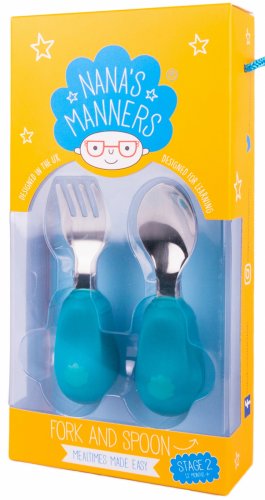 Nana's Manners Set tacamuri pentru toddleri furculita si lingura etapa 2 albastru