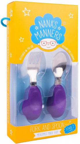 Nana's Manners Set tacamuri pentru toddleri furculita si lingura etapa 2 mov