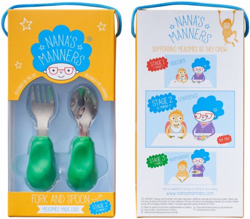 Nana's Manners Set tacamuri pentru toddleri furculita si lingura etapa 2 verde
