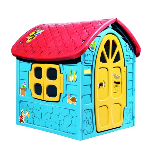 Casuta de joaca de exterior mare pentru copii dohany, albastra cu acoperis rosu, 5075k, 120x113x111 cm